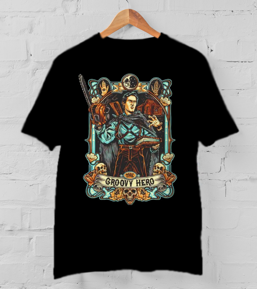 The Groovy Hero Chainsaw Warrior Moon Necronomicon Skulls T-Shirt