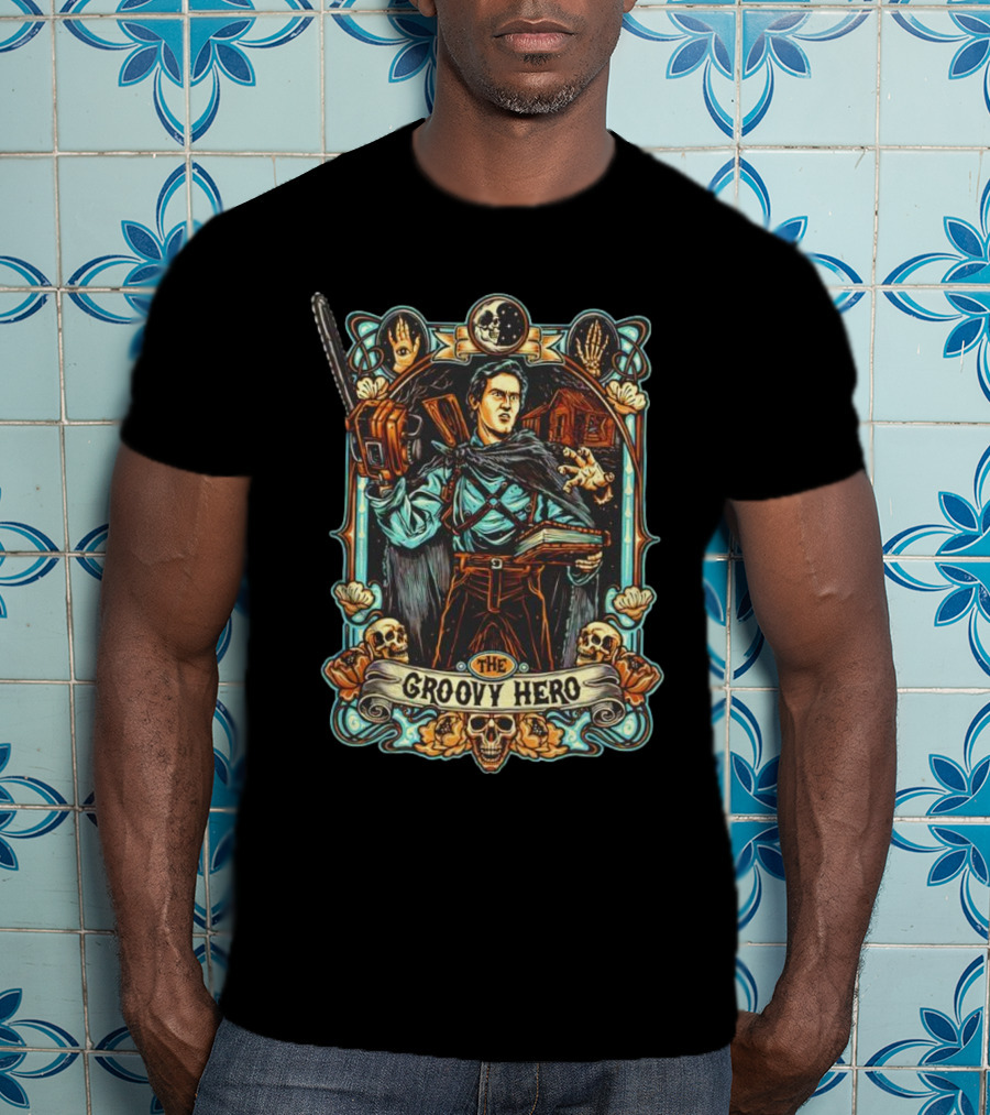 The Groovy Hero Chainsaw Warrior Moon Necronomicon Skulls T-Shirt