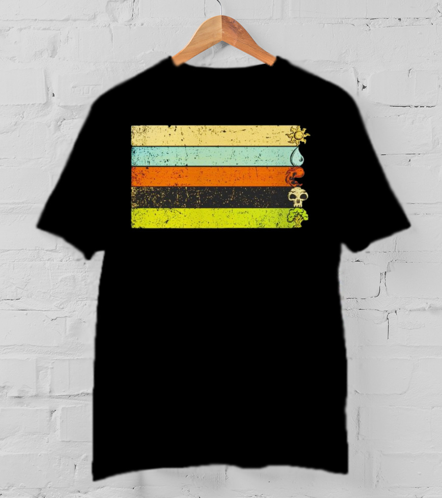 Vintage Magic Sun Water Elements Skull Retro Stripes T-Shirt