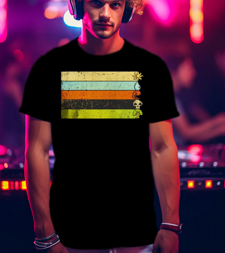 Vintage Magic Sun Water Elements Skull Retro Stripes T-Shirt