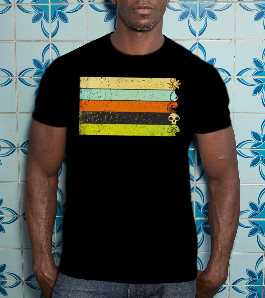 Vintage Magic Sun Water Elements Skull Retro Stripes T-Shirt