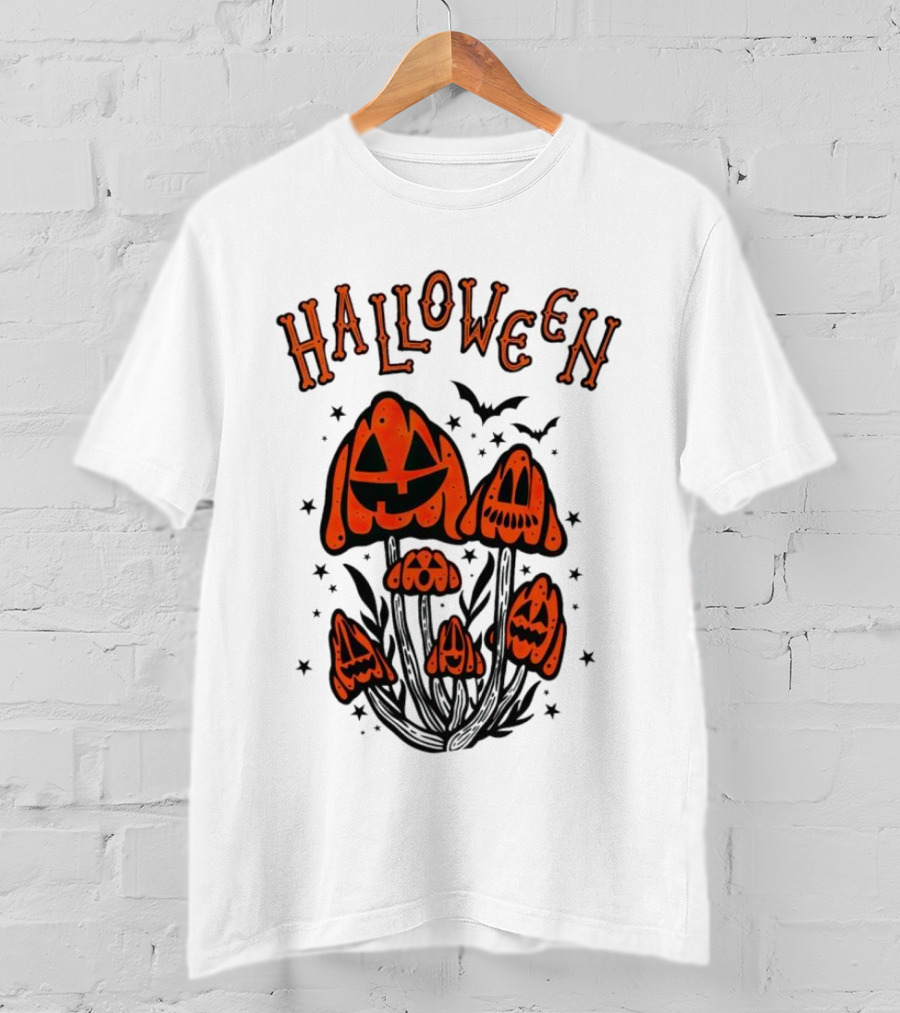 Halloween Pumpkin Mushrooms With Bats And Stars T-Shirt