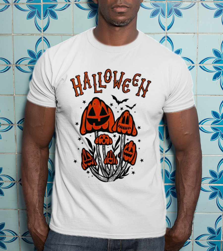 Halloween Pumpkin Mushrooms With Bats And Stars T-Shirt