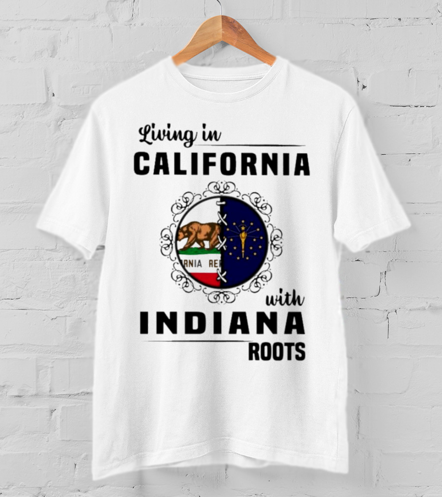 Living In California With Indiana Roots Bear And Torch Flag Emblem T-Shirt