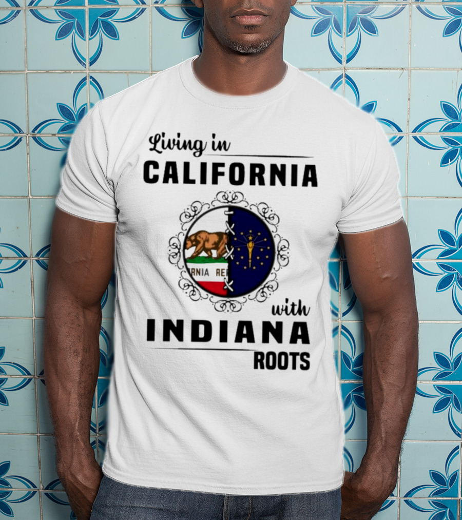Living In California With Indiana Roots Bear And Torch Flag Emblem T-Shirt