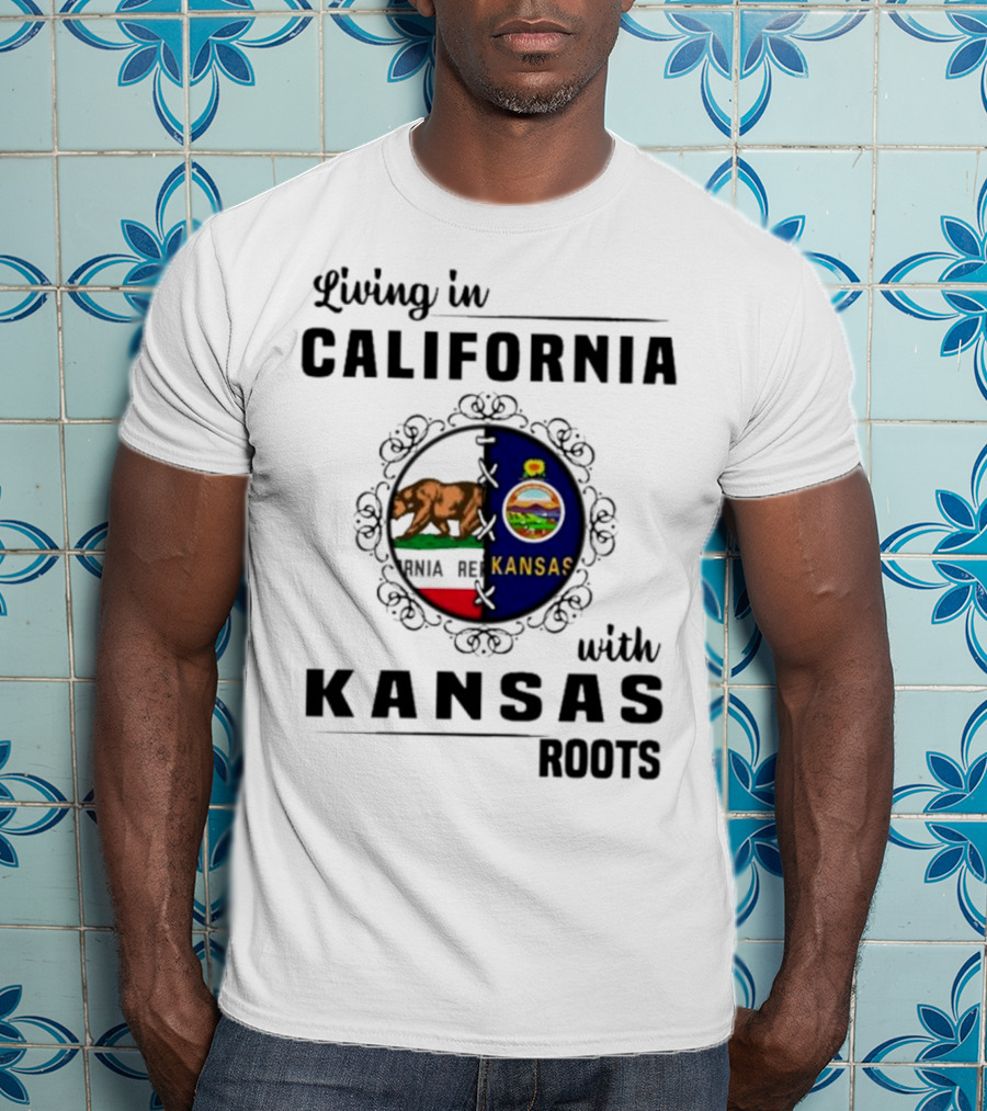 Living In California With Kansas Roots Bear And Sunflower State Flags T-Shirt