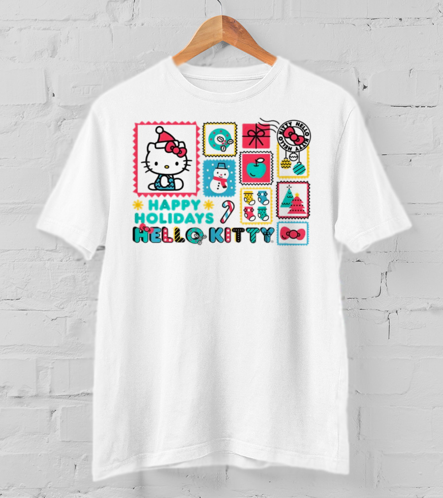 Happy Holidays Hello Kitty Merry Christmas Candy Cane Bow Trees Gift Snowman T-Shirt