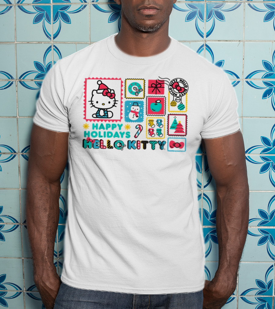 Happy Holidays Hello Kitty Merry Christmas Candy Cane Bow Trees Gift Snowman T-Shirt