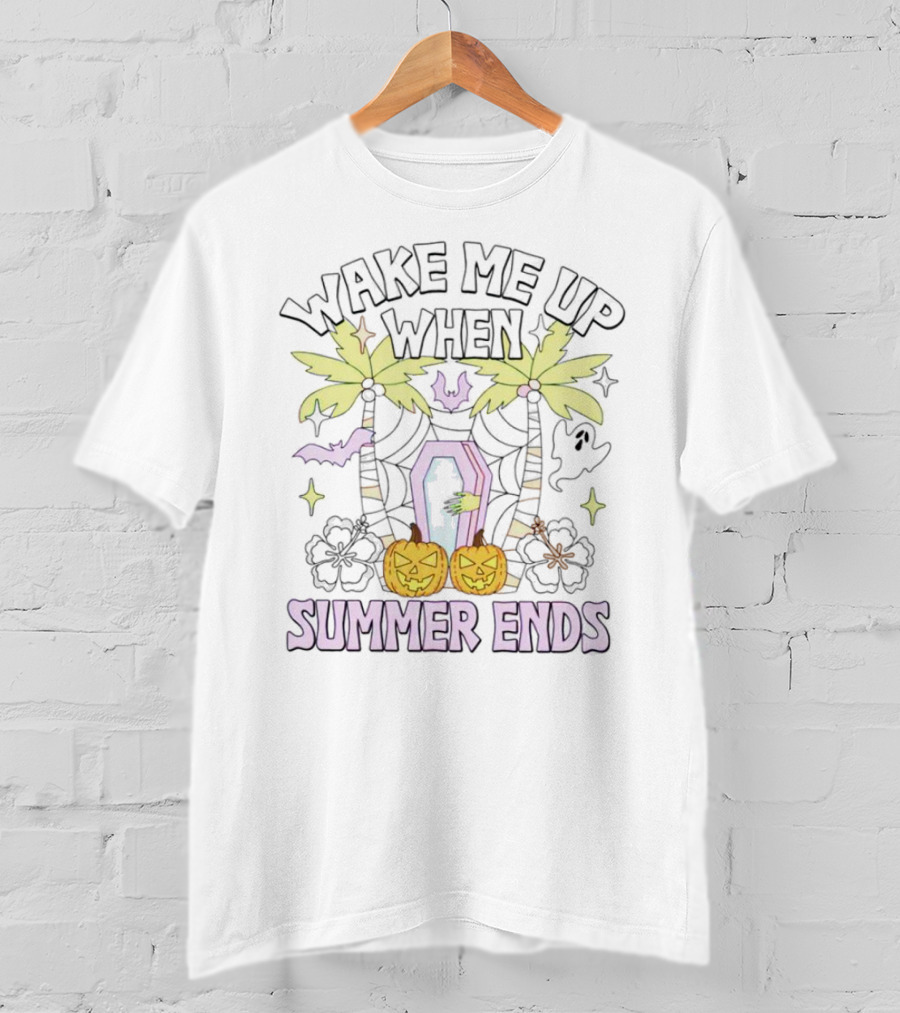 Wake Me Up When Summer Ends Coffin Palms Halloween Pumpkins Bats T-Shirt