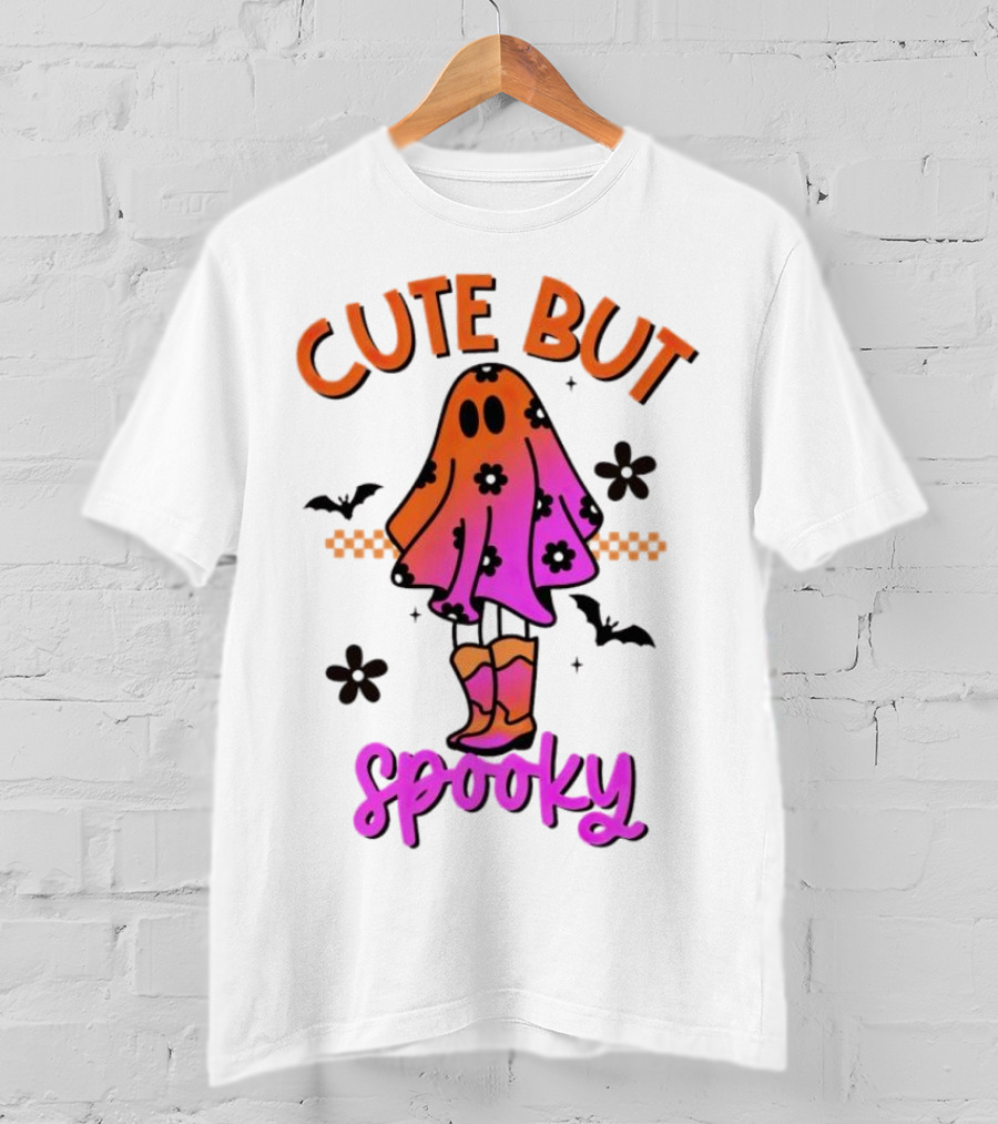 Cute But Spooky Halloween Ghost With Bat And Floral Boot Accents T-Shirt