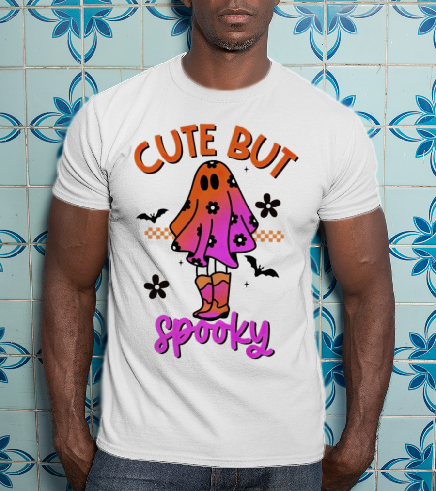 Cute But Spooky Halloween Ghost With Bat And Floral Boot Accents T-Shirt