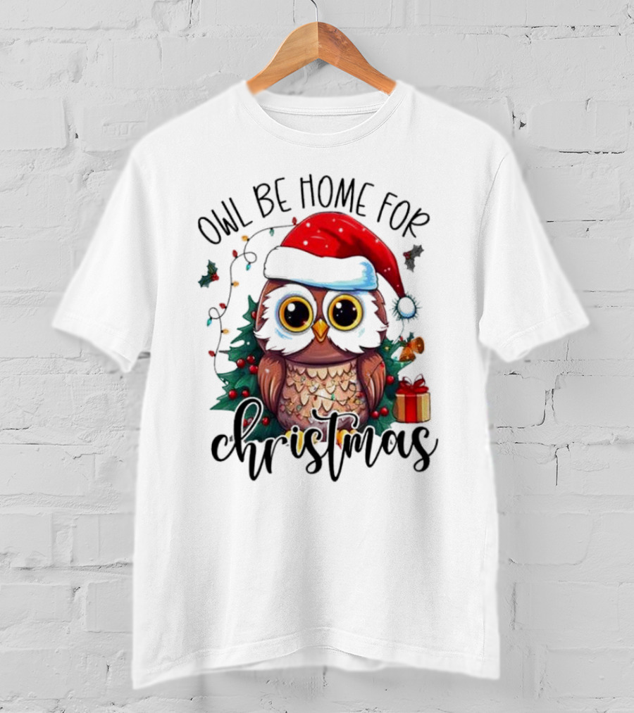 Owl Be Home For Christmas Santa Hat Owl Festive Lights Gift Box T-Shirt
