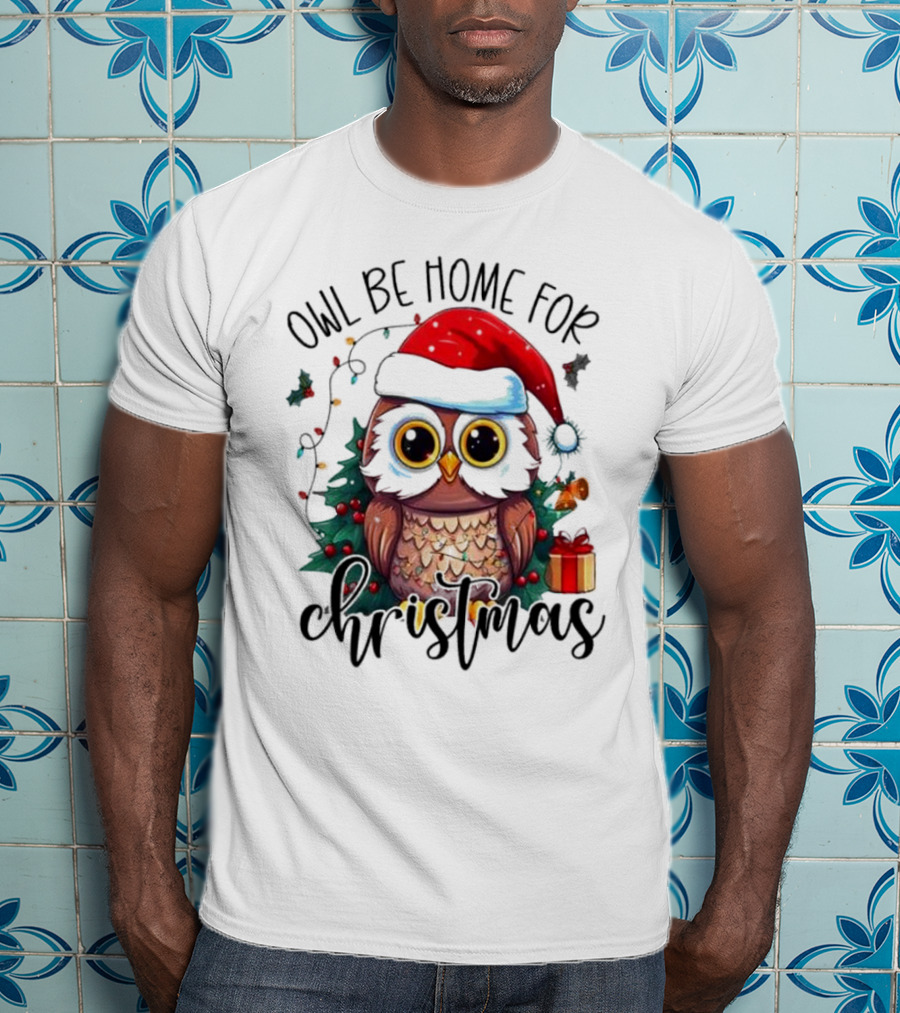 Owl Be Home For Christmas Santa Hat Owl Festive Lights Gift Box T-Shirt