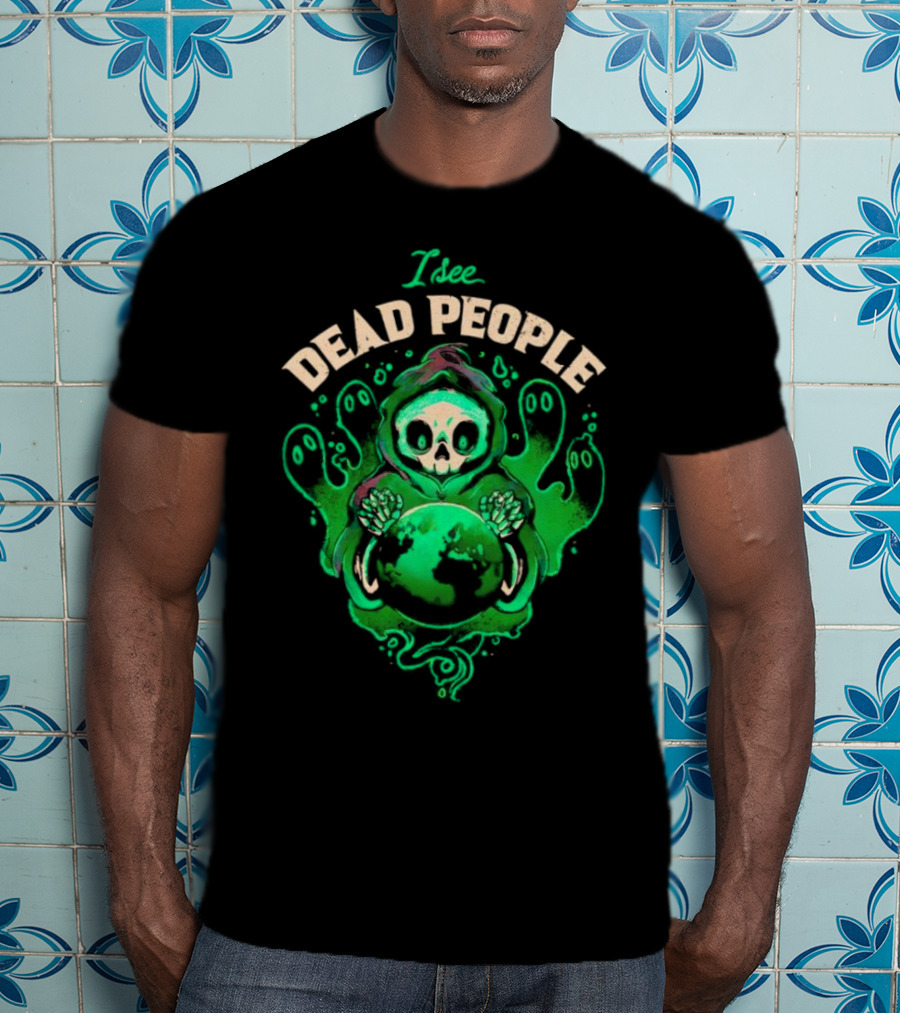 I See Dead People Grim Reaper Holding Earth With Ghosts T-Shirt
