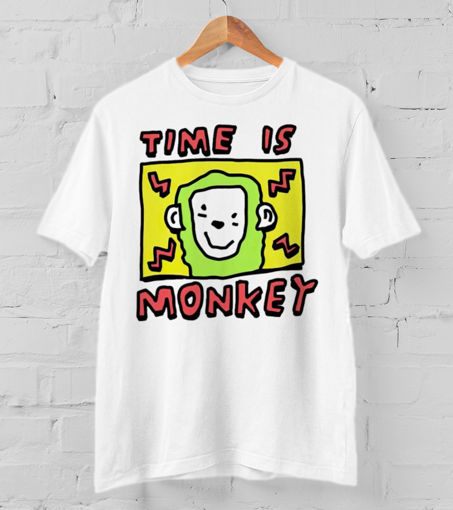 Time Is Monkey Green Highlighted Cartoon Face With Zigzag Lines T-Shirt
