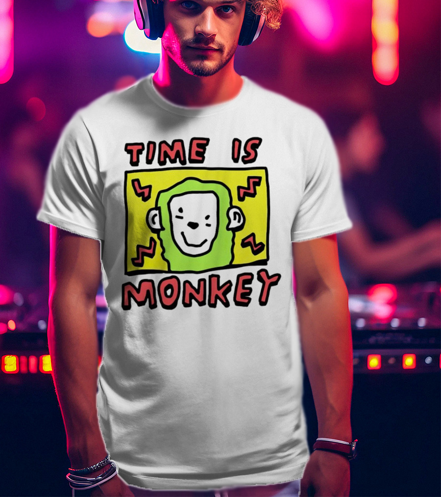 Time Is Monkey Green Highlighted Cartoon Face With Zigzag Lines T-Shirt