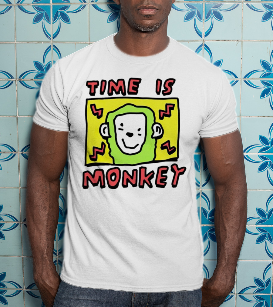 Time Is Monkey Green Highlighted Cartoon Face With Zigzag Lines T-Shirt