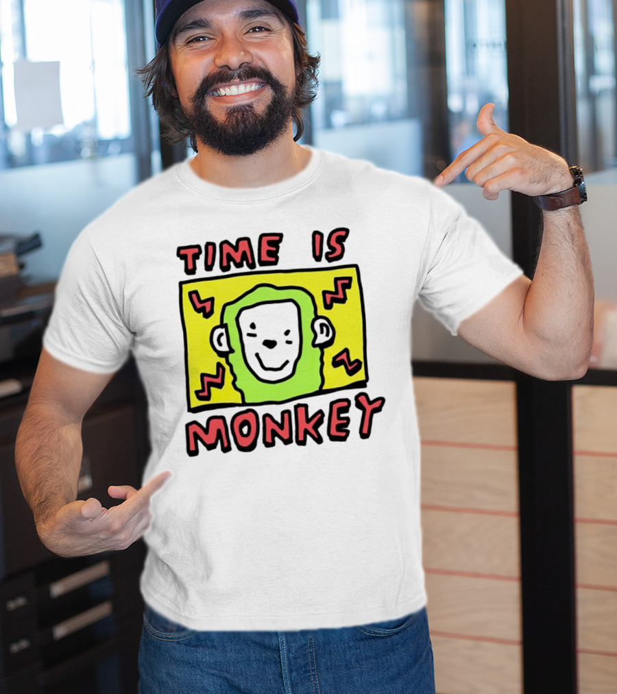 Time Is Monkey Green Highlighted Cartoon Face With Zigzag Lines T-Shirt