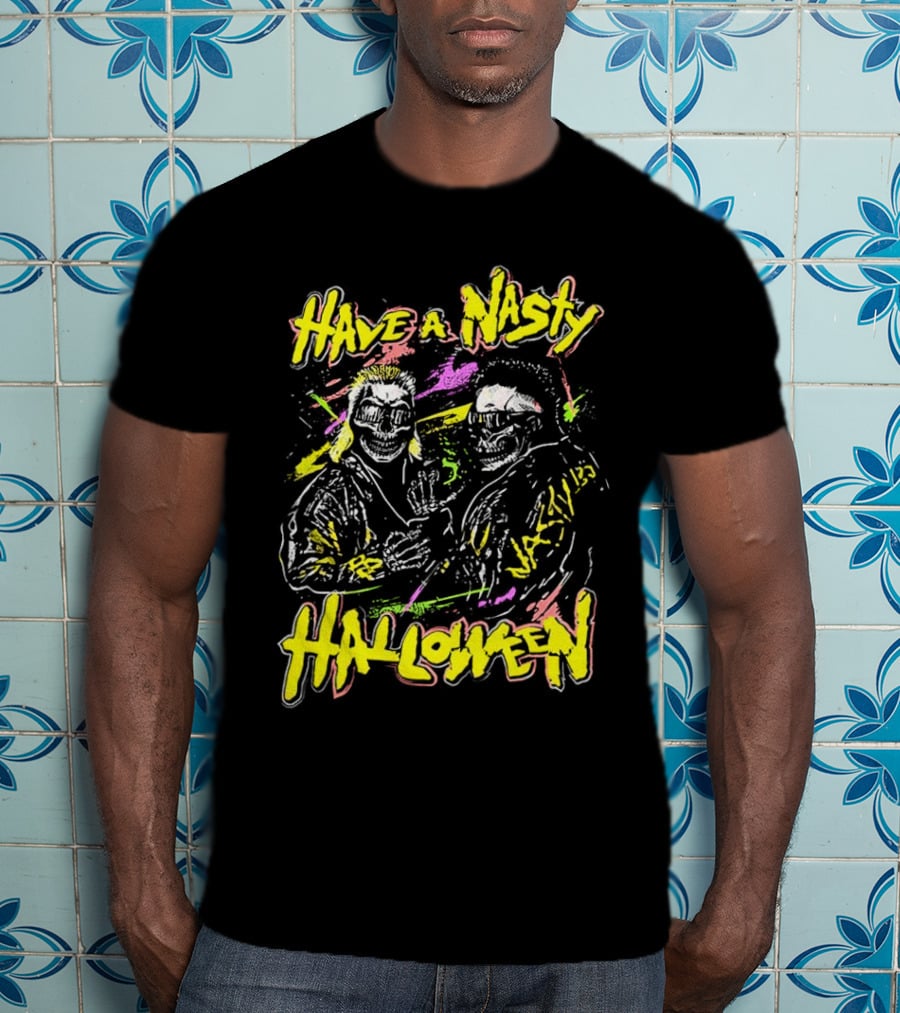 Have A Nasty Halloween Skeleton Warriors Vibrant Neon T-Shirt