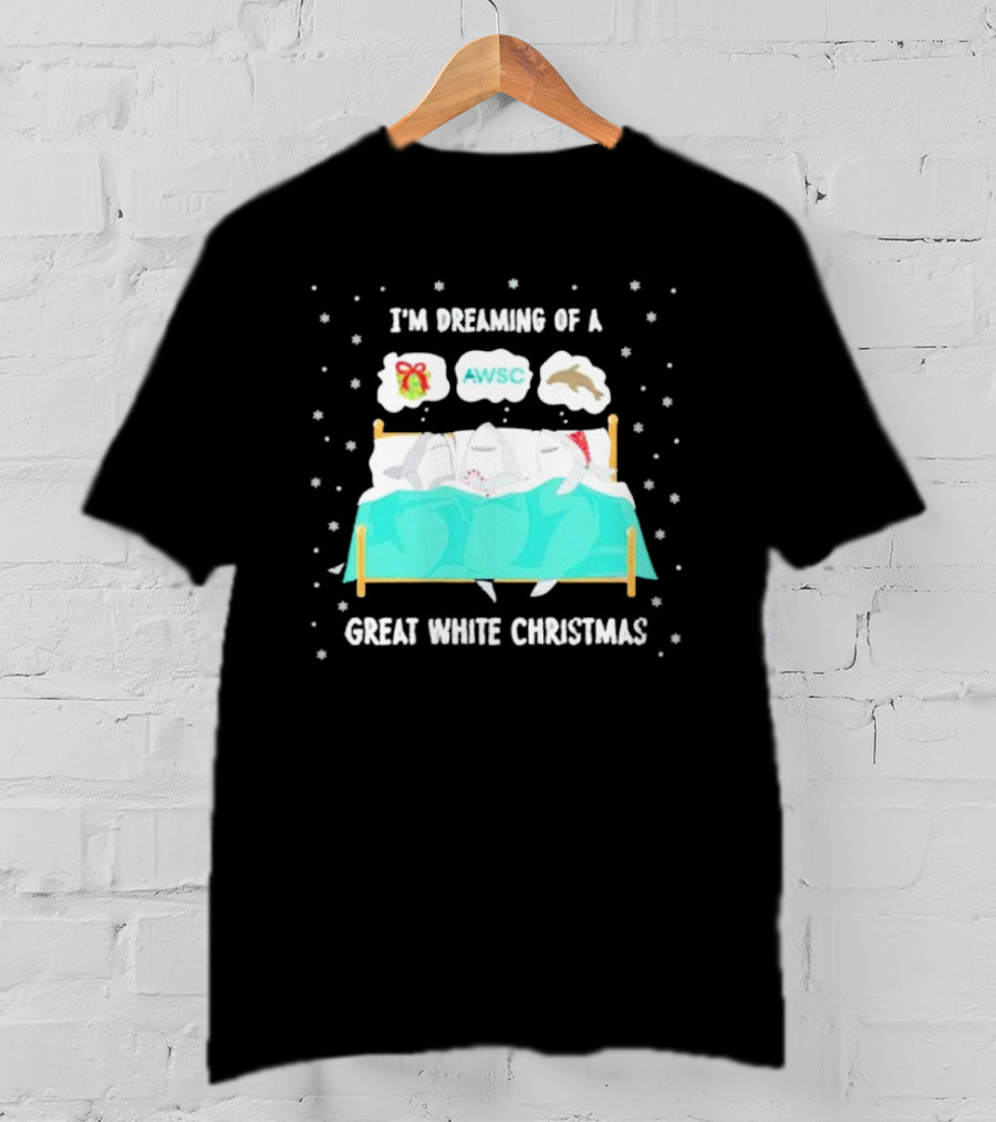 I'm Dreaming Of A Great White Christmas AWSC Shark In Bed With Snowflakes T-Shirt