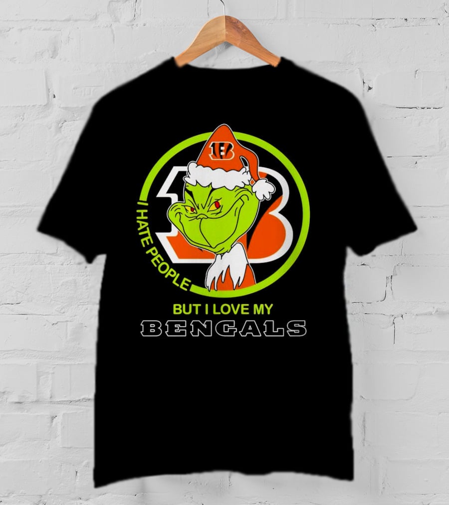 Grinch Santa Hat I Hate People But I Love My Bengals Football Fan T-Shirt