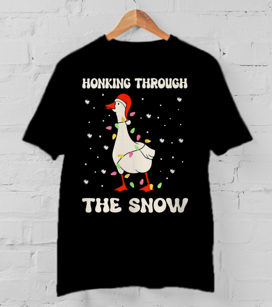 Honking Through The Snow Goose Wrapped In Christmas Lights T-Shirt