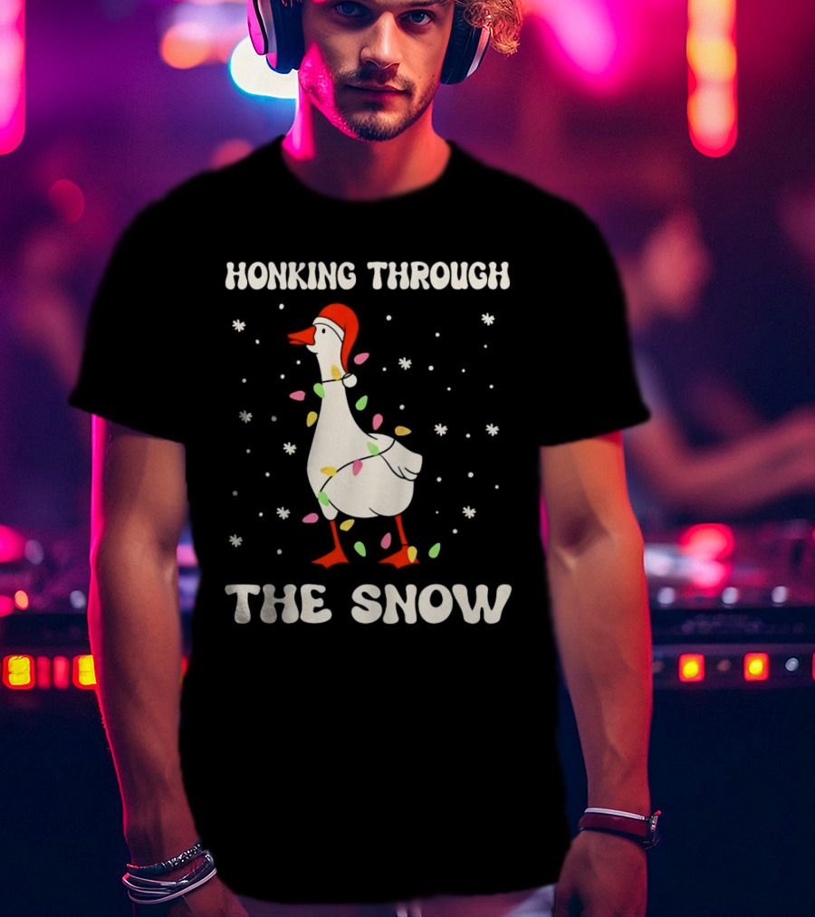 Honking Through The Snow Goose Wrapped In Christmas Lights T-Shirt