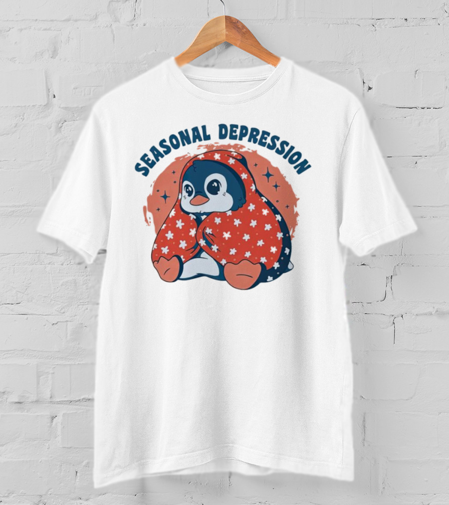 Seasonal Depression Penguin In Cozy Blanket With Stars And Flowers T-Shirt