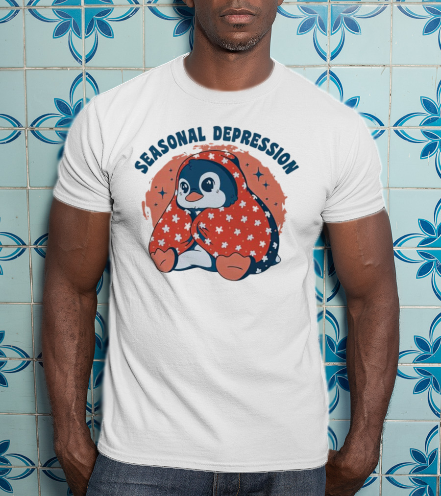 Seasonal Depression Penguin In Cozy Blanket With Stars And Flowers T-Shirt