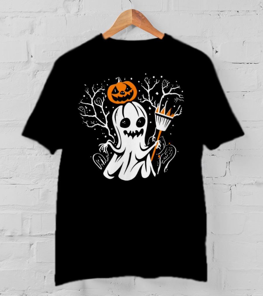 Pumpkin King Halloween Ghost With Broomstick T-Shirt