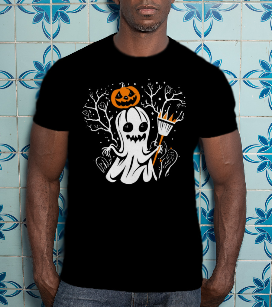 Pumpkin King Halloween Ghost With Broomstick T-Shirt