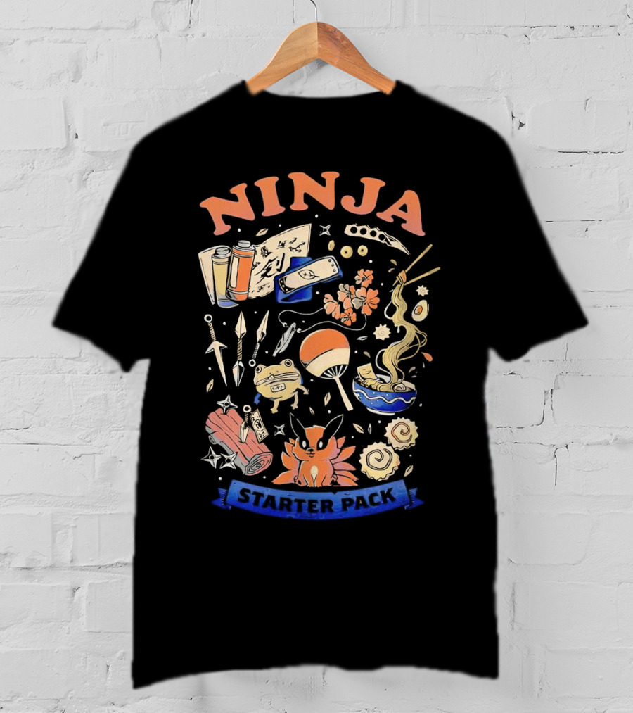 Ninja Starter Pack Kunai Scrolls Shuriken Ramen Chopsticks Anime Fox Pokeball T-Shirt