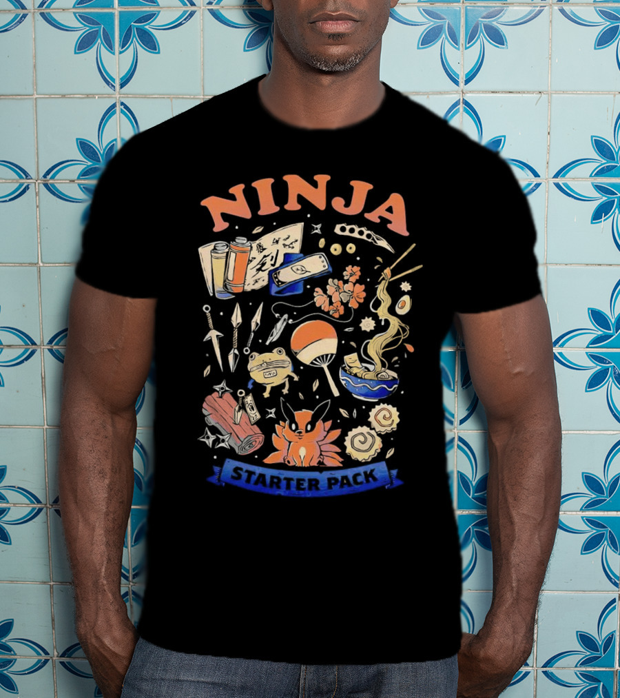 Ninja Starter Pack Kunai Scrolls Shuriken Ramen Chopsticks Anime Fox Pokeball T-Shirt