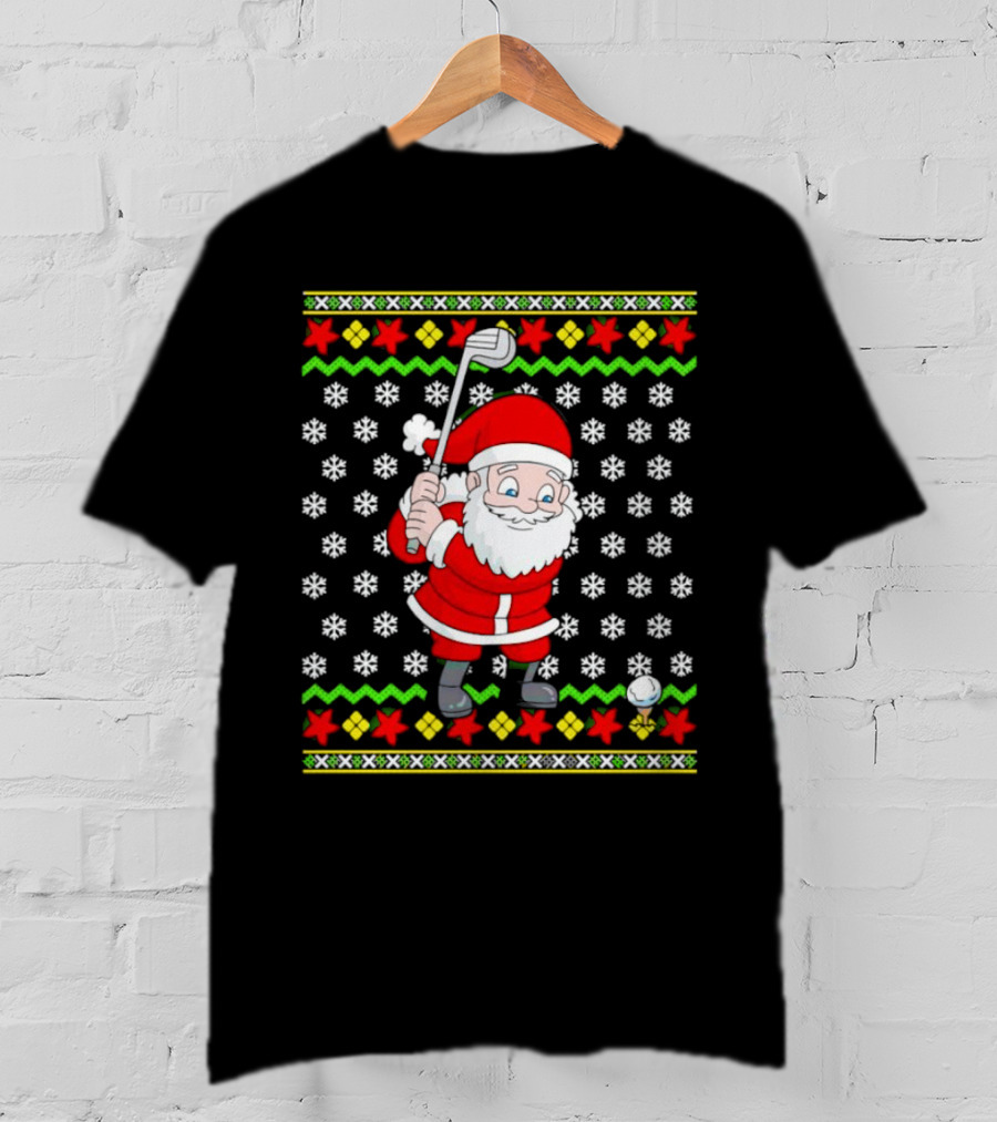 Santa Golfing Christmas Snowflakes Ugly T-Shirt