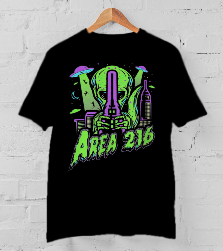 Area 216 Alien UFO City Skyline Neon T-Shirt