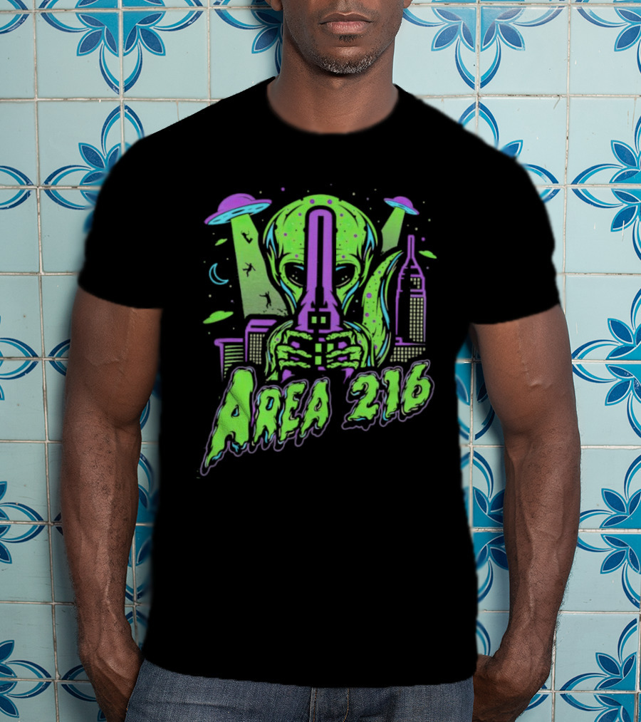 Area 216 Alien UFO City Skyline Neon T-Shirt