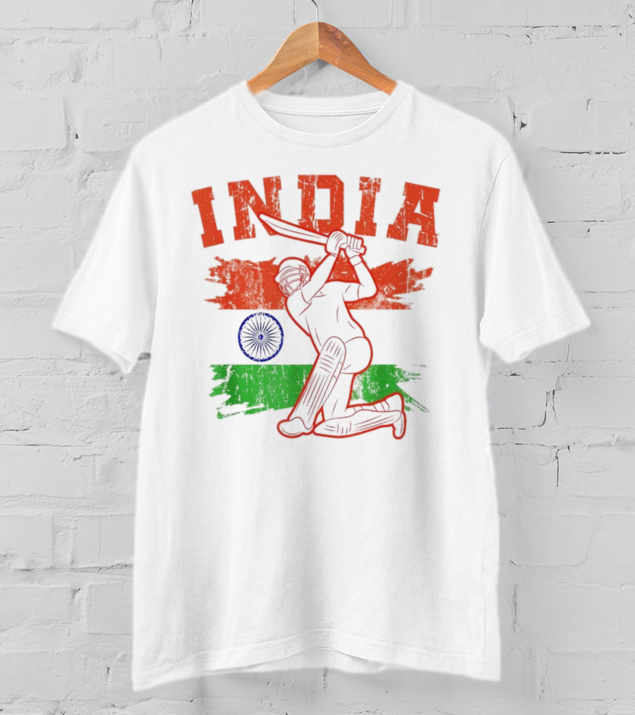 India Cricket Enthusiasts Batting Action With Ashoka Chakra T-Shirt