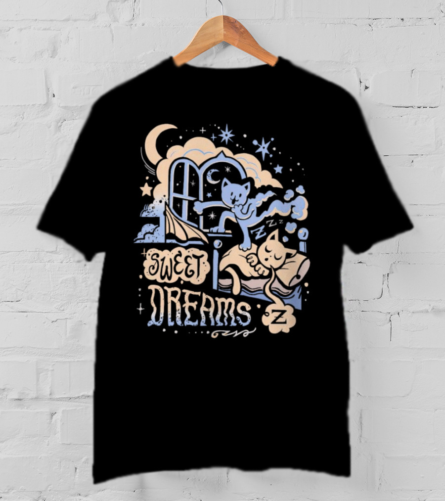 Sweet Dreams Dreaming Cat Under Moon And Stars T-Shirt