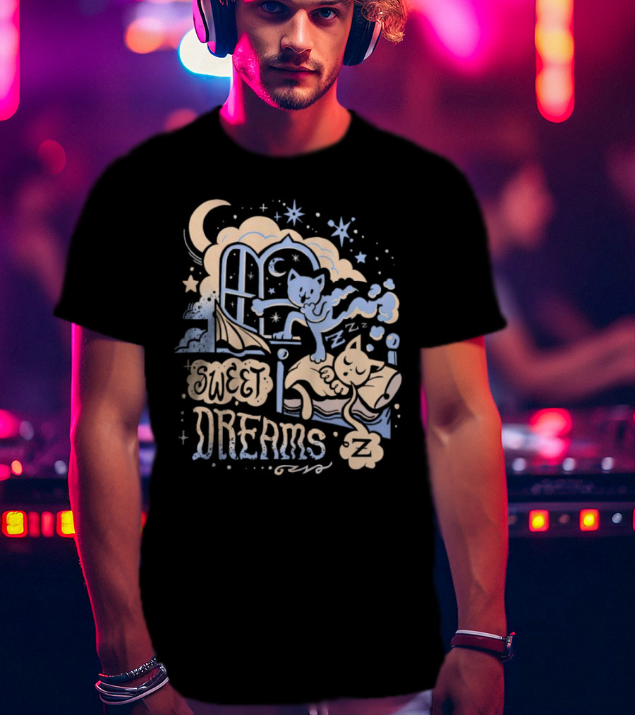 Sweet Dreams Dreaming Cat Under Moon And Stars T-Shirt