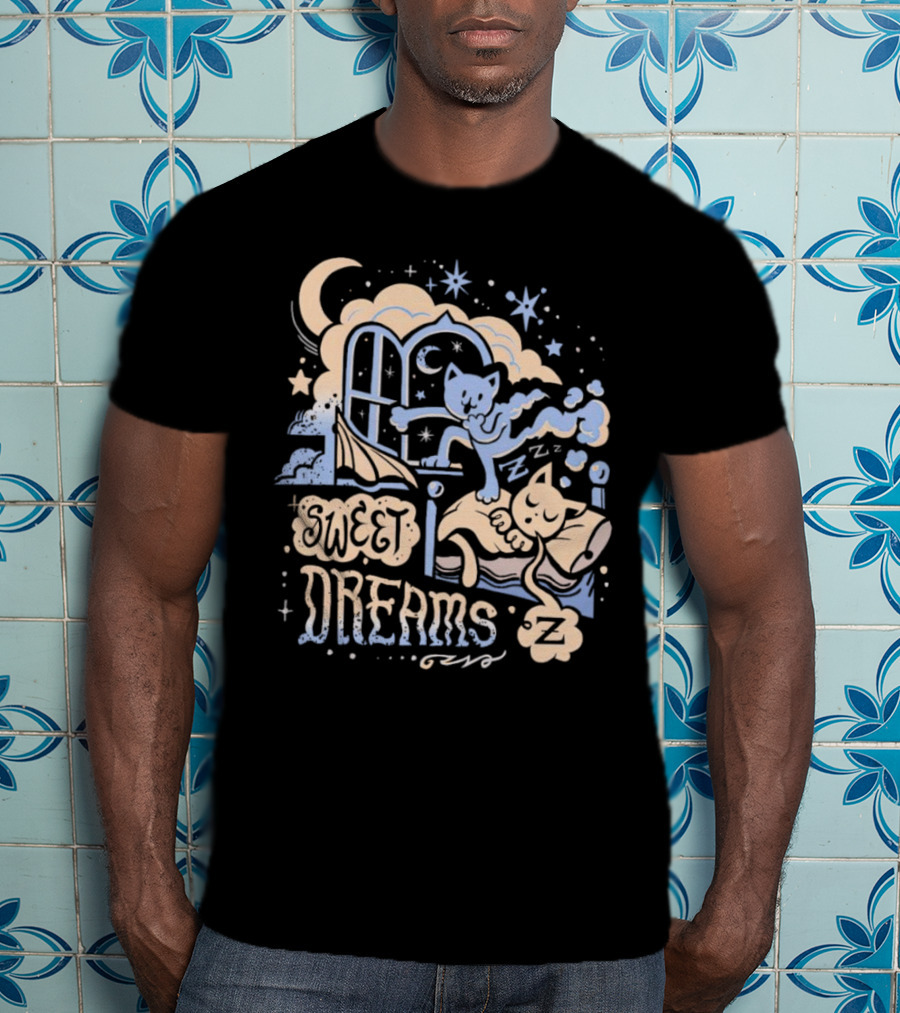 Sweet Dreams Dreaming Cat Under Moon And Stars T-Shirt