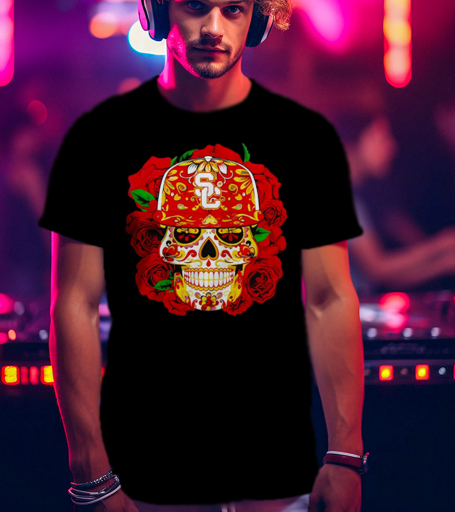 USC Sugar Skull With Roses And Cap T-Shirt