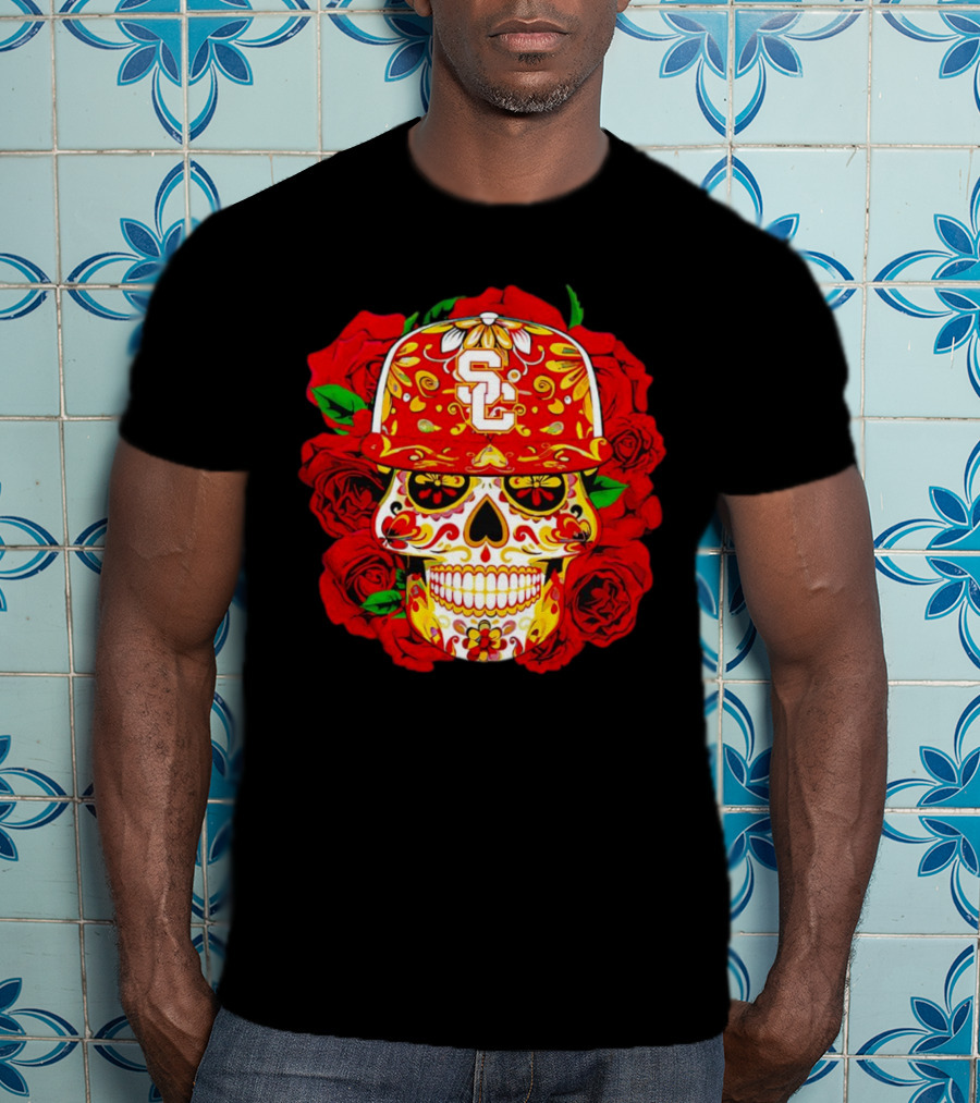 USC Sugar Skull With Roses And Cap T-Shirt