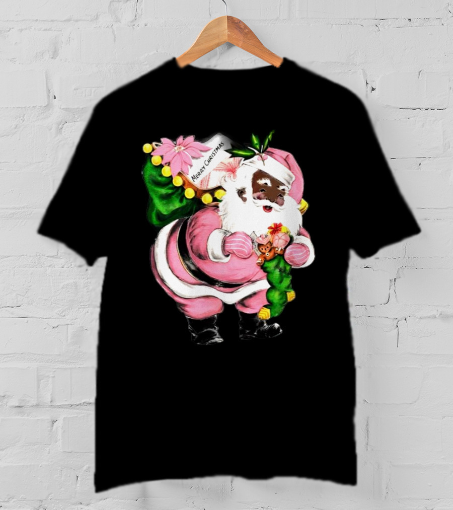Merry Christmas Pink African-American Black Santa Claus With Gifts T-Shirt