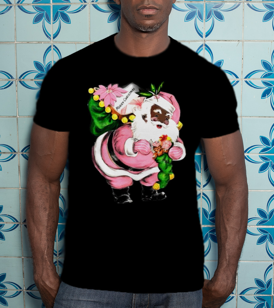 Merry Christmas Pink African-American Black Santa Claus With Gifts T-Shirt