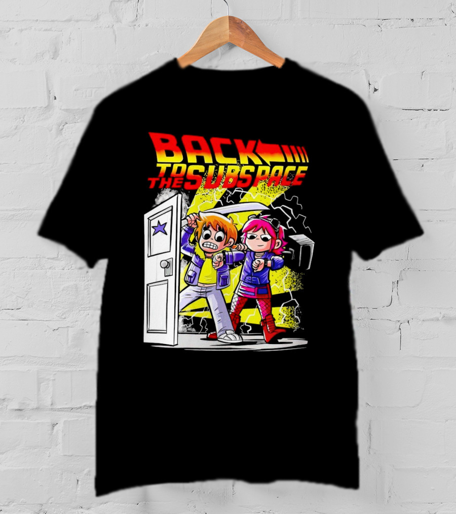 Back To The Subspace Scott Pilgrim And Ramona With Retro Door And Lightning T-Shirt