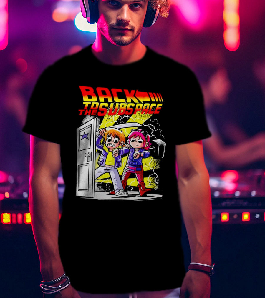 Back To The Subspace Scott Pilgrim And Ramona With Retro Door And Lightning T-Shirt