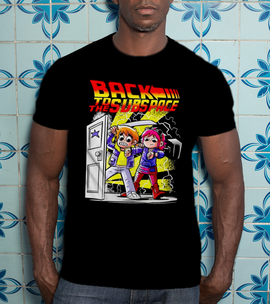 Back To The Subspace Scott Pilgrim And Ramona With Retro Door And Lightning T-Shirt