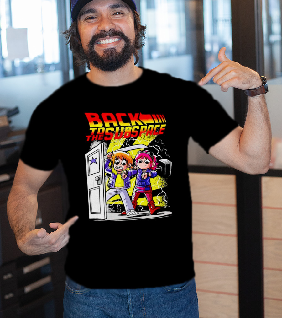 Back To The Subspace Scott Pilgrim And Ramona With Retro Door And Lightning T-Shirt