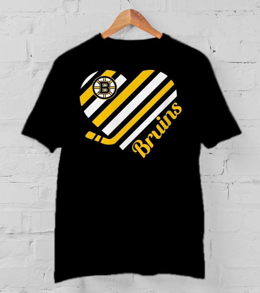 Boston Bruins Stripes Heart With Hockey Stick T-Shirt