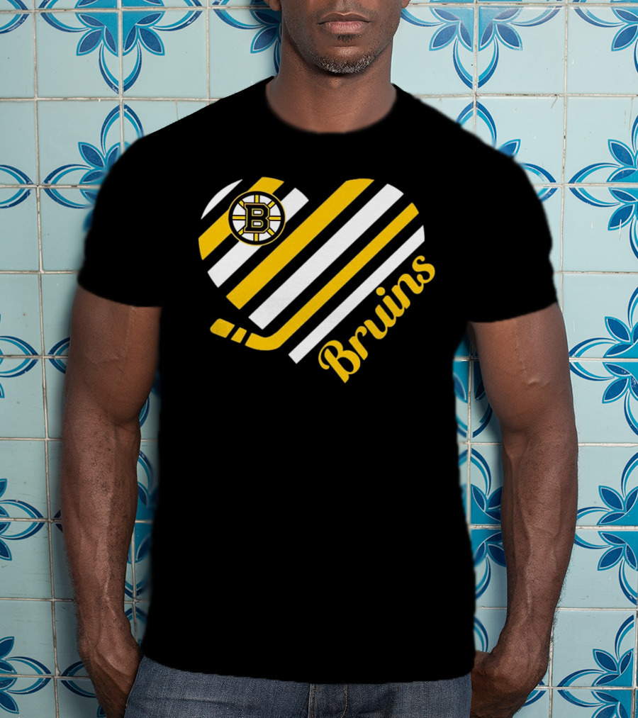 Boston Bruins Stripes Heart With Hockey Stick T-Shirt
